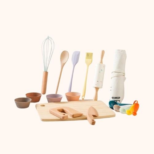 Coffret d'Accessoires de Cuisine pour Enfants en Silicone et Bois