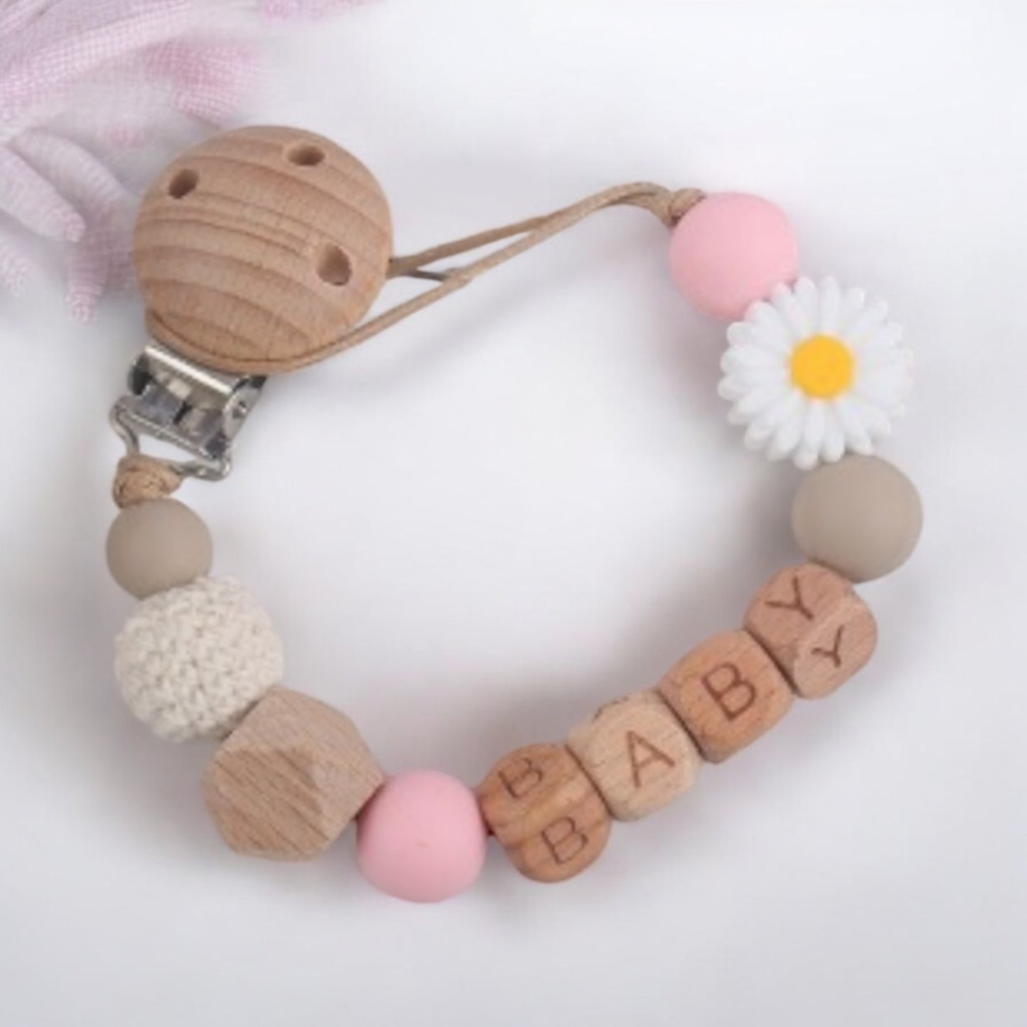 Attache tétine personnalisée fleurie : bois et silicone