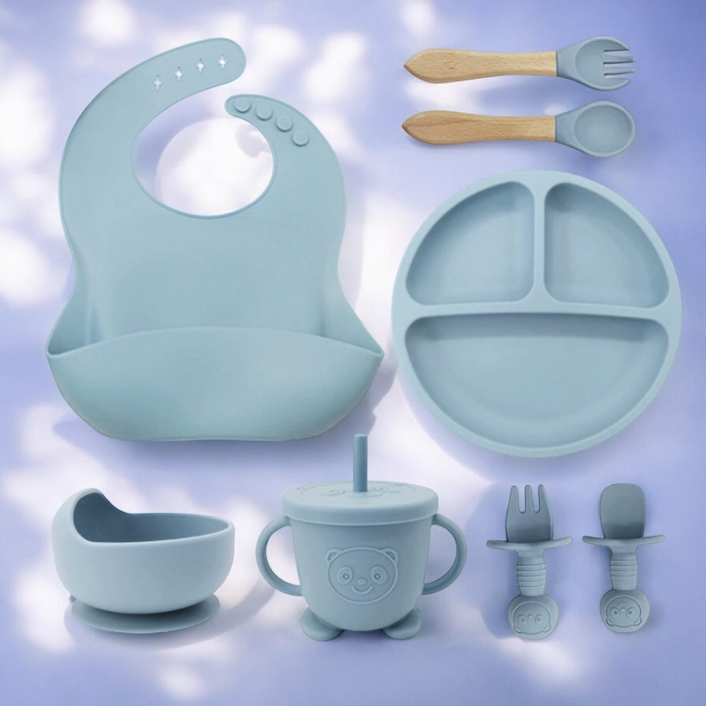 Coffret Repas Bébé en Silicone Alimentaire 8 pièces : Bleu Gris