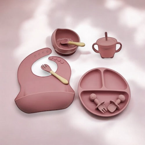 Set Repas Bébé en Silicone Alimentaire 8 pièces : Vieux Rose