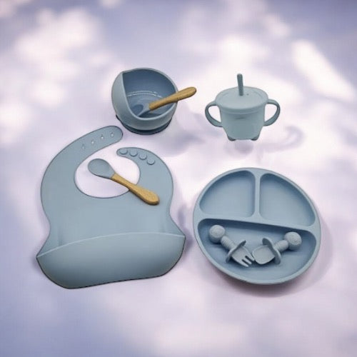 Set Repas Bébé en Silicone Alimentaire 8 pièces : Bleu Gris