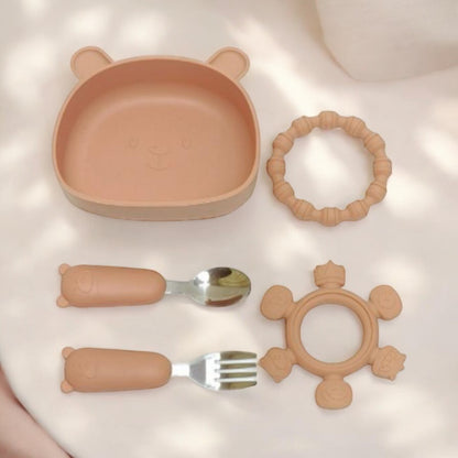 Coffret Repas Bébé en Silicone : Ourson Terracotta