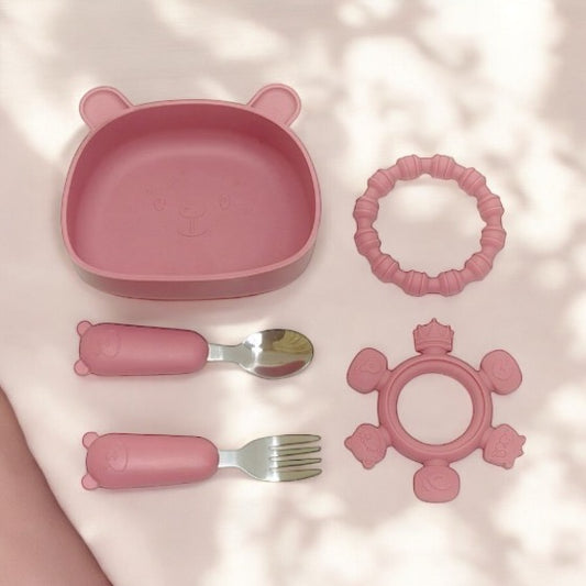 Coffret Repas Bébé en Silicone : Ourson Rose