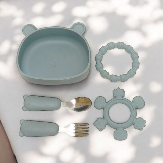 Coffret Repas Bébé en Silicone : Ourson Bleu