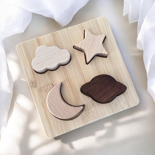 Puzzle Montessori en Bois - Formes Étoile, Lune, Nuages