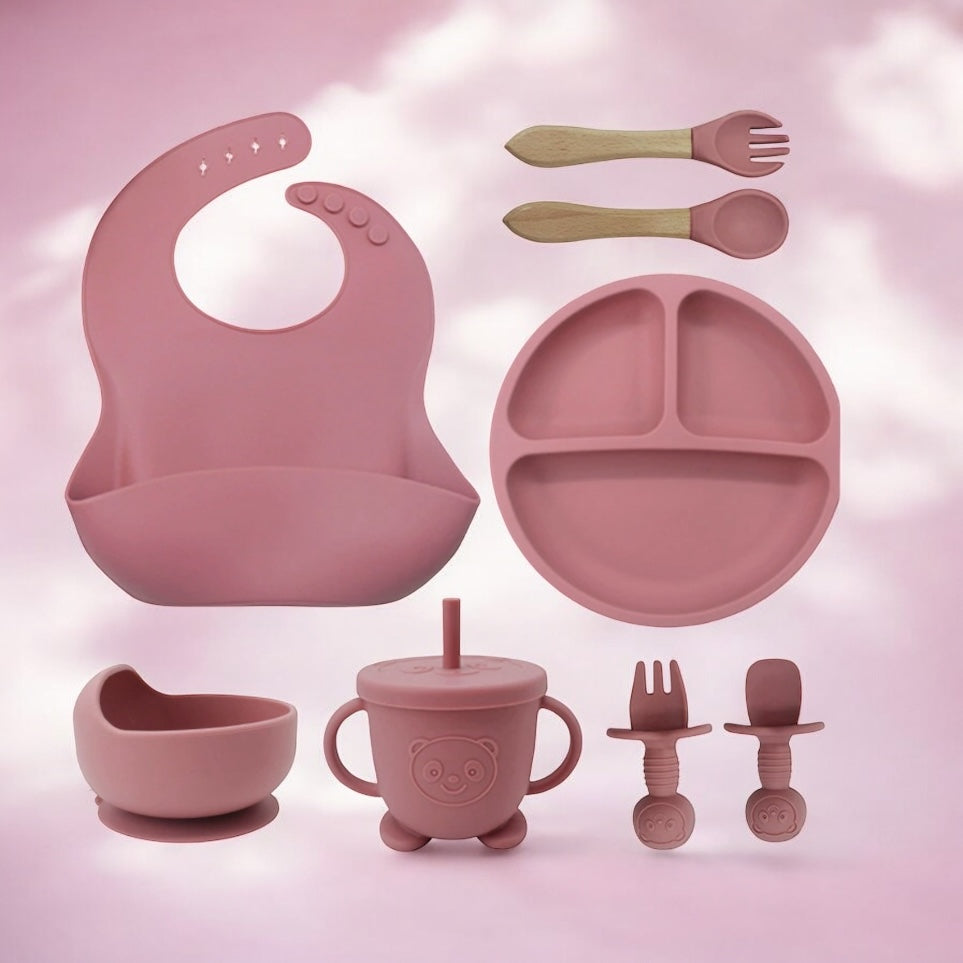 Coffret Repas Bébé en Silicone Alimentaire 8 pièces : Vieux Rose
